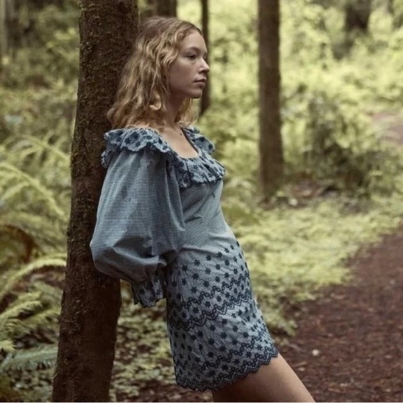 Doen Franique Dress in Azure Paris Gingham Check Floral Embroidery - Picture 2 of 12